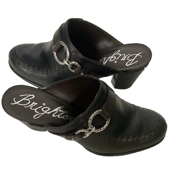 Brighton Gemini Mules Brown & Black Leather with Silver Decorative Buckle Sz6.5M